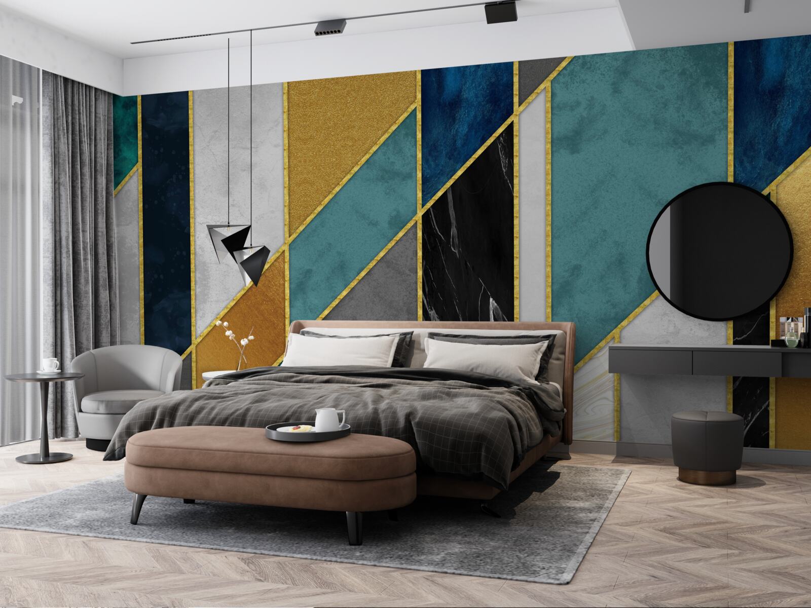 Fototapeta marmur w różnych kolorach, wykończony złotymi krawędziami figur