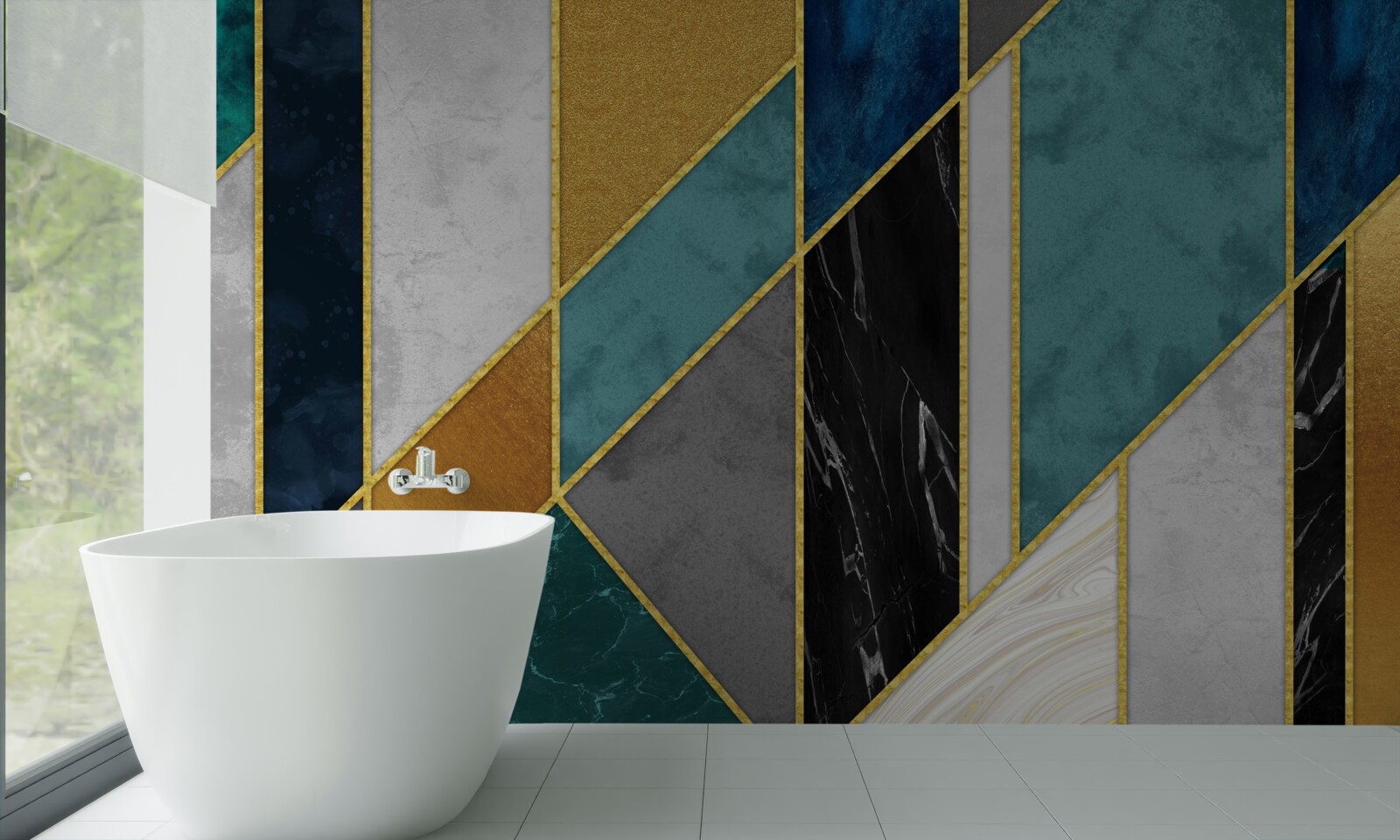 Fototapeta marmur w różnych kolorach, wykończony złotymi krawędziami figur