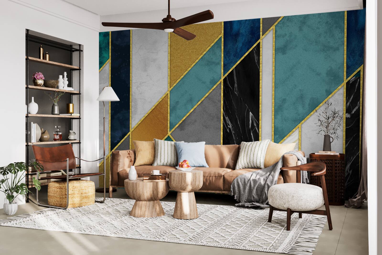 Fototapeta marmur w różnych kolorach, wykończony złotymi krawędziami figur