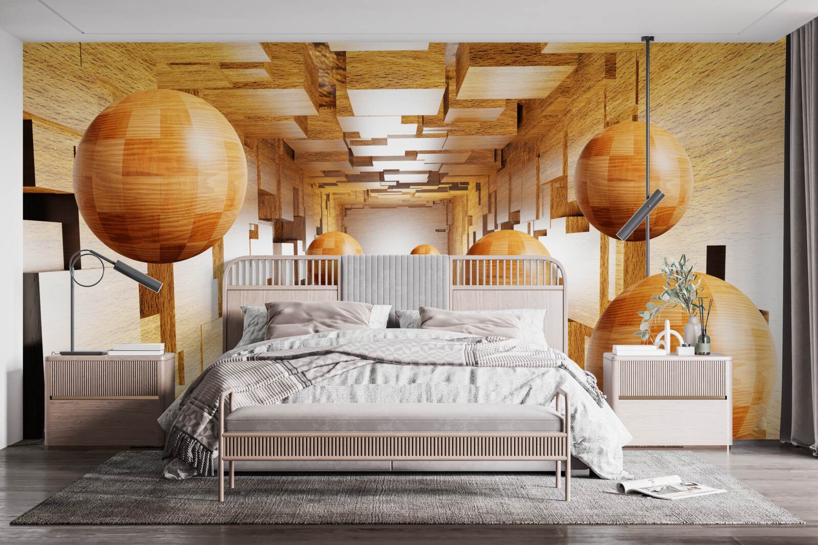 Fototapeta drewniane kule latające w niebo, unoszące się w powietrzu