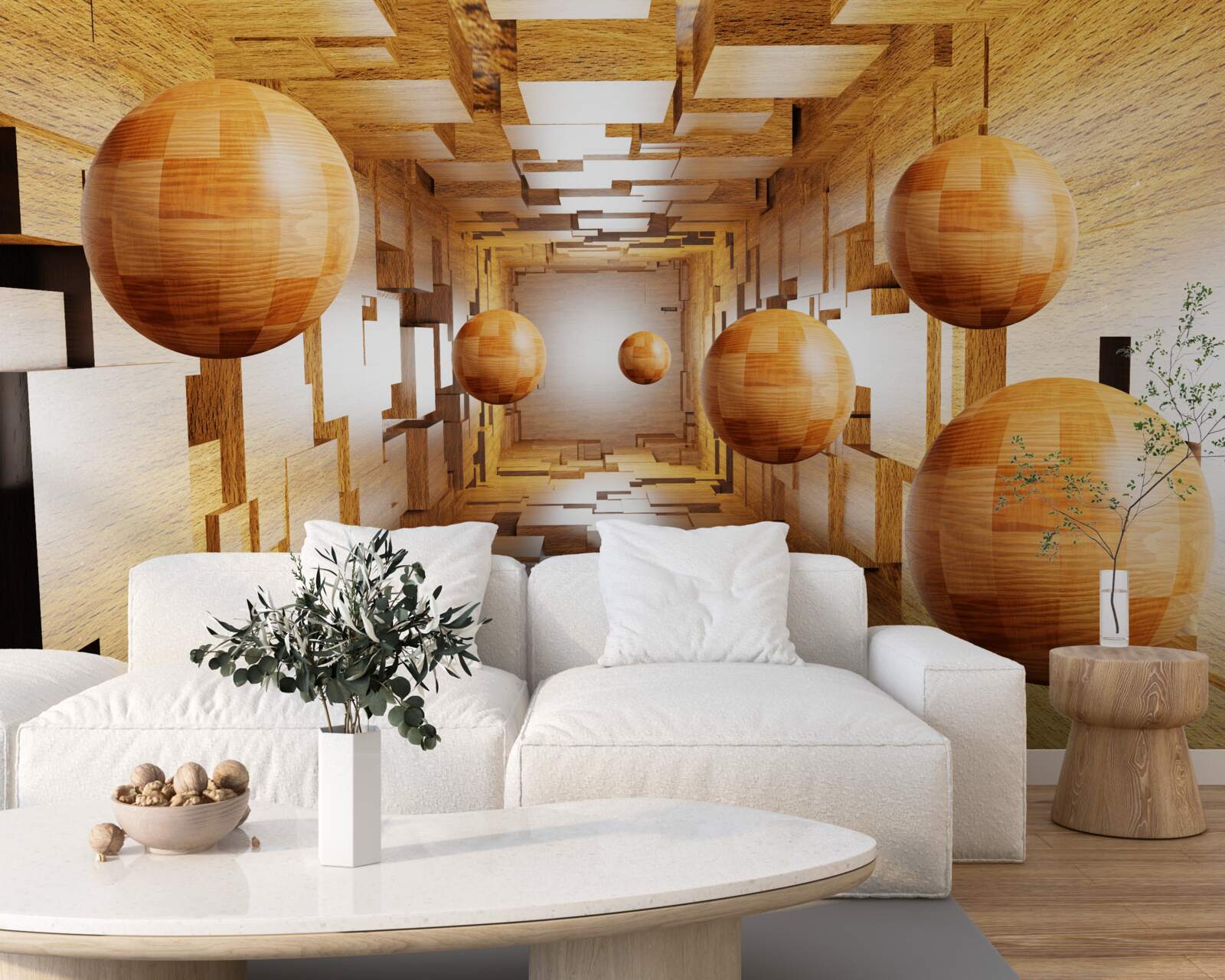 Fototapeta drewniane kule latające w niebo, unoszące się w powietrzu