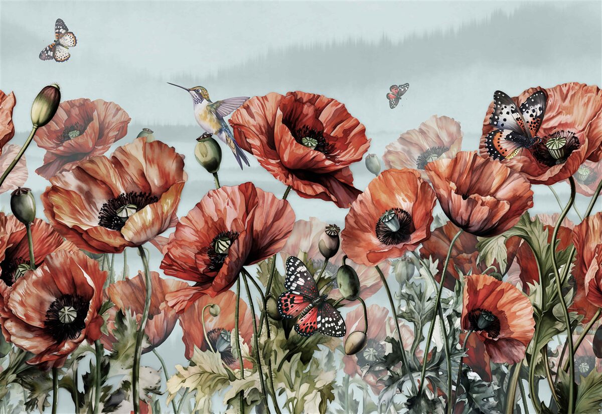 Fototapeta motyle latające nad polem szkarłatnych maków