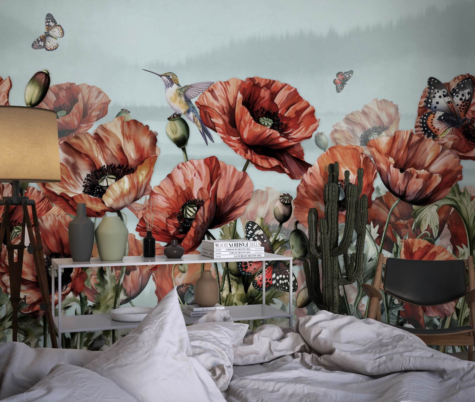 Fototapeta motyle latające nad polem szkarłatnych maków