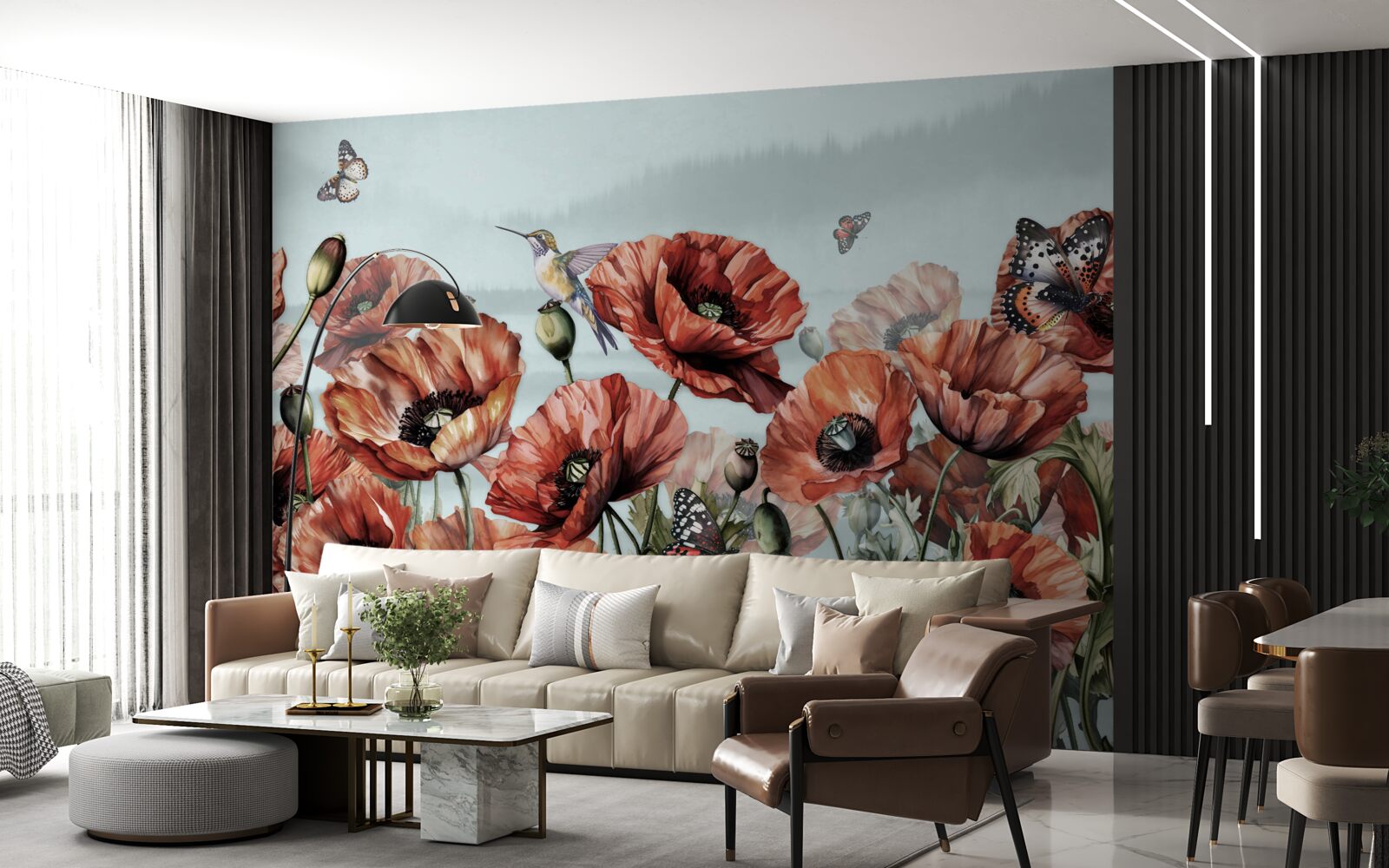 Fototapeta motyle latające nad polem szkarłatnych maków