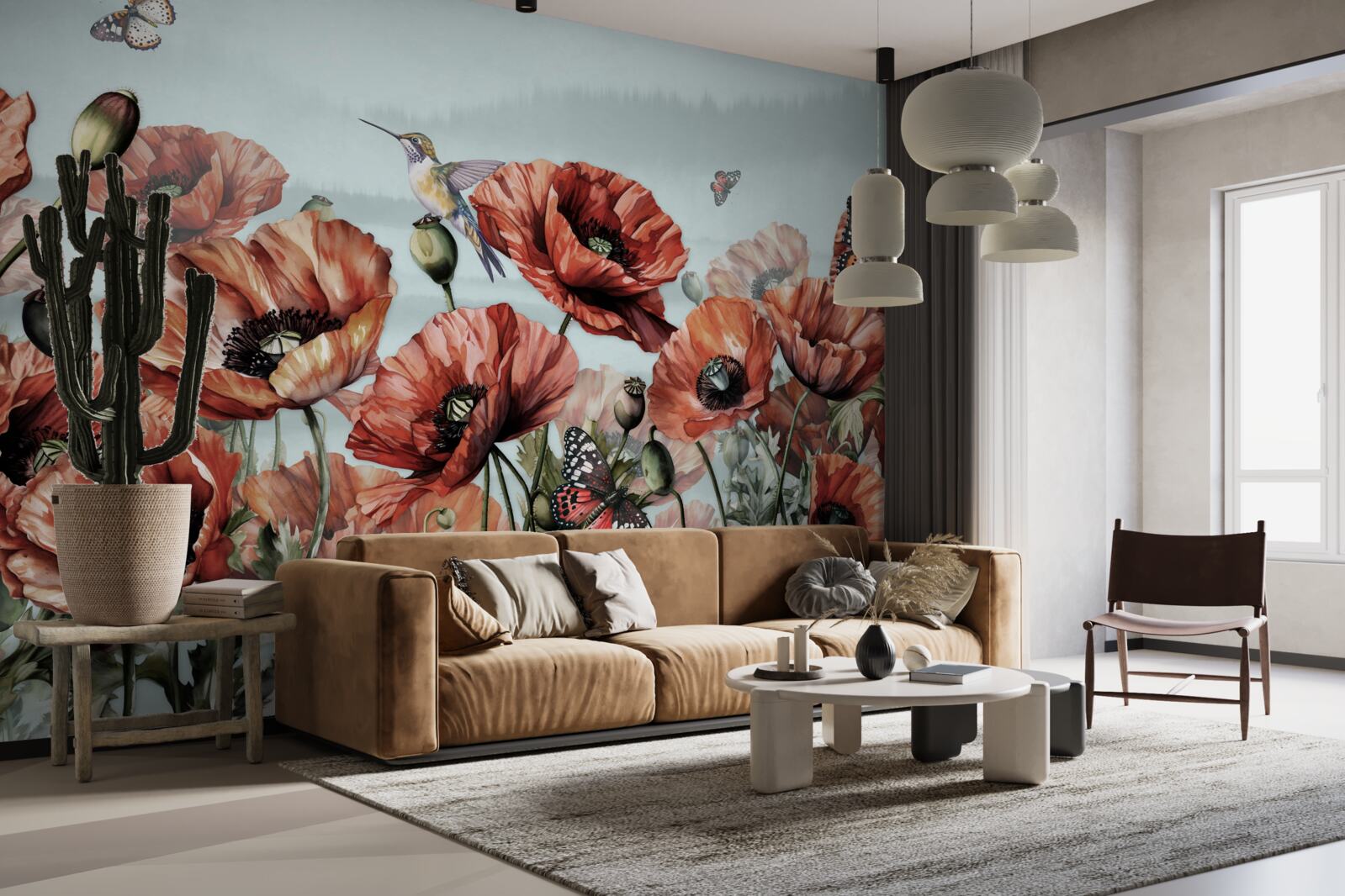 Fototapeta motyle latające nad polem szkarłatnych maków