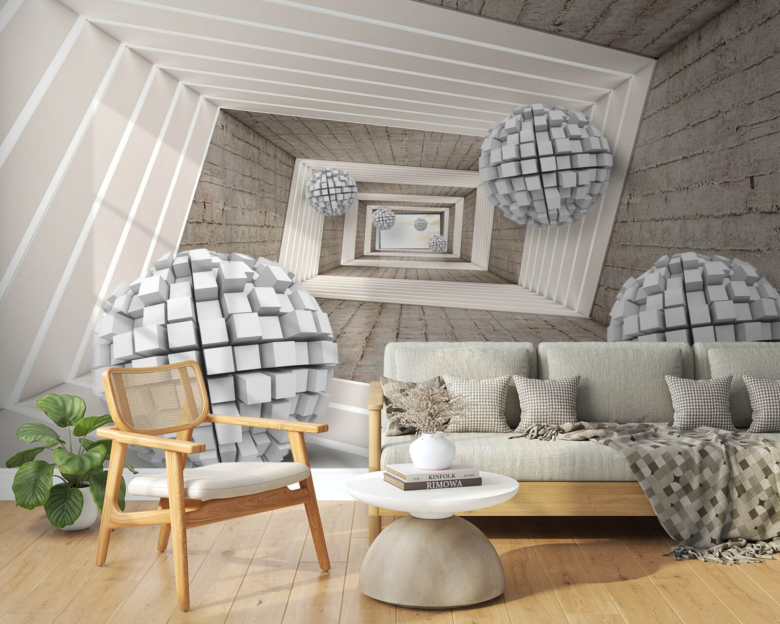 Fototapeta kule utworzone z kostek i niekończącego się korytarza