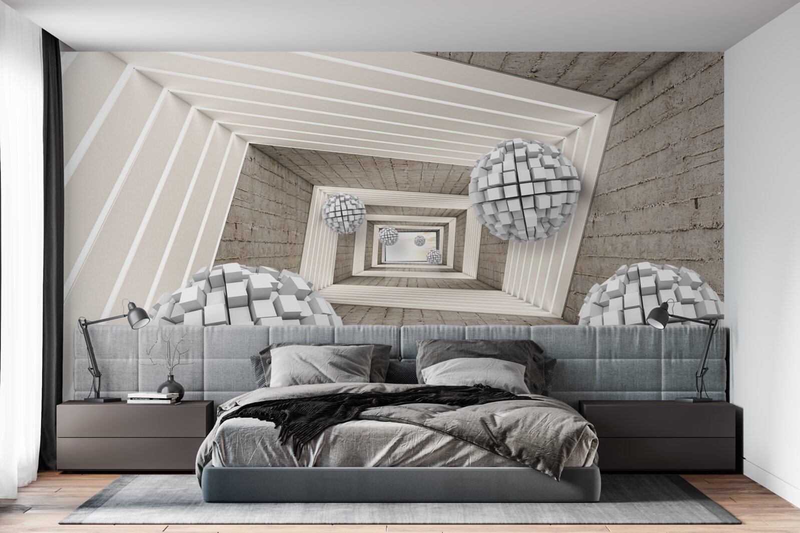 Fototapeta kule utworzone z kostek i niekończącego się korytarza