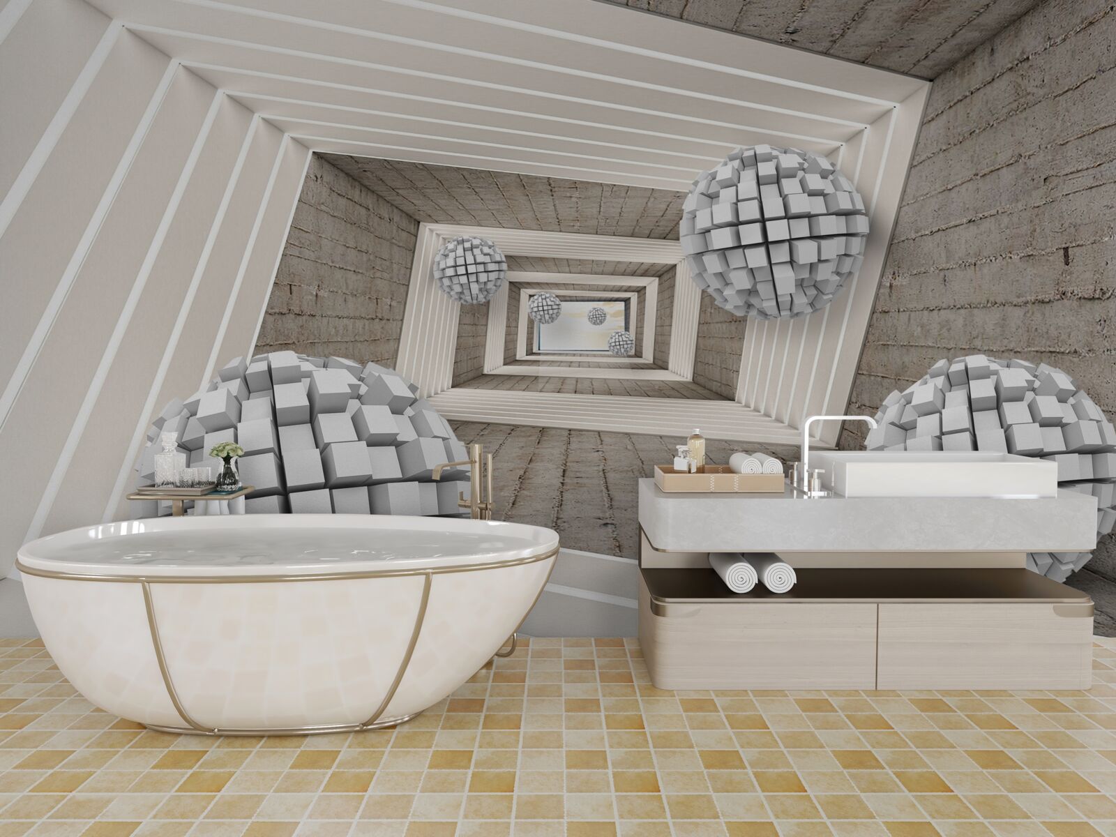 Fototapeta kule utworzone z kostek i niekończącego się korytarza