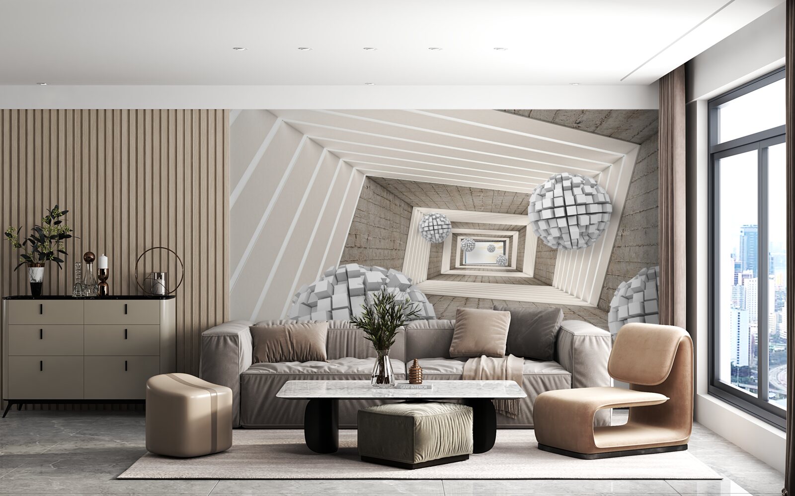 Fototapeta kule utworzone z kostek i niekończącego się korytarza