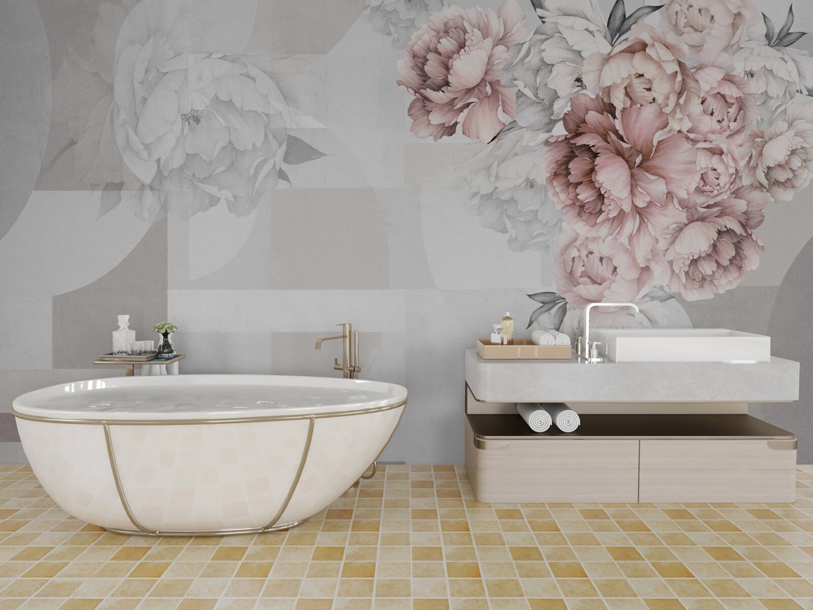 Fototapeta duże kwiaty znajdują się na szarym tle