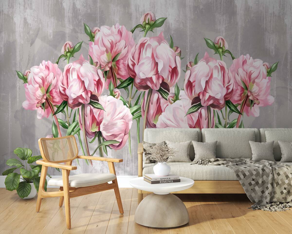 Fototapeta deszczowy czas i różowe piwonie