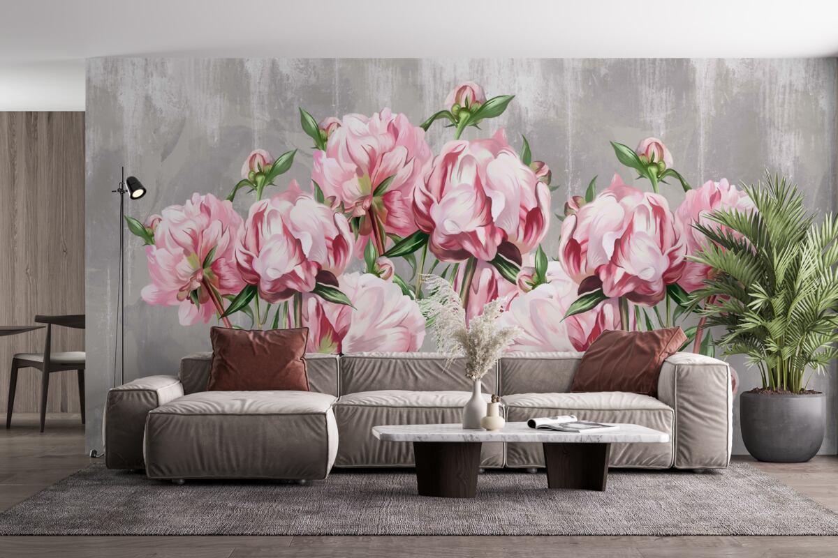 Fototapeta deszczowy czas i różowe piwonie