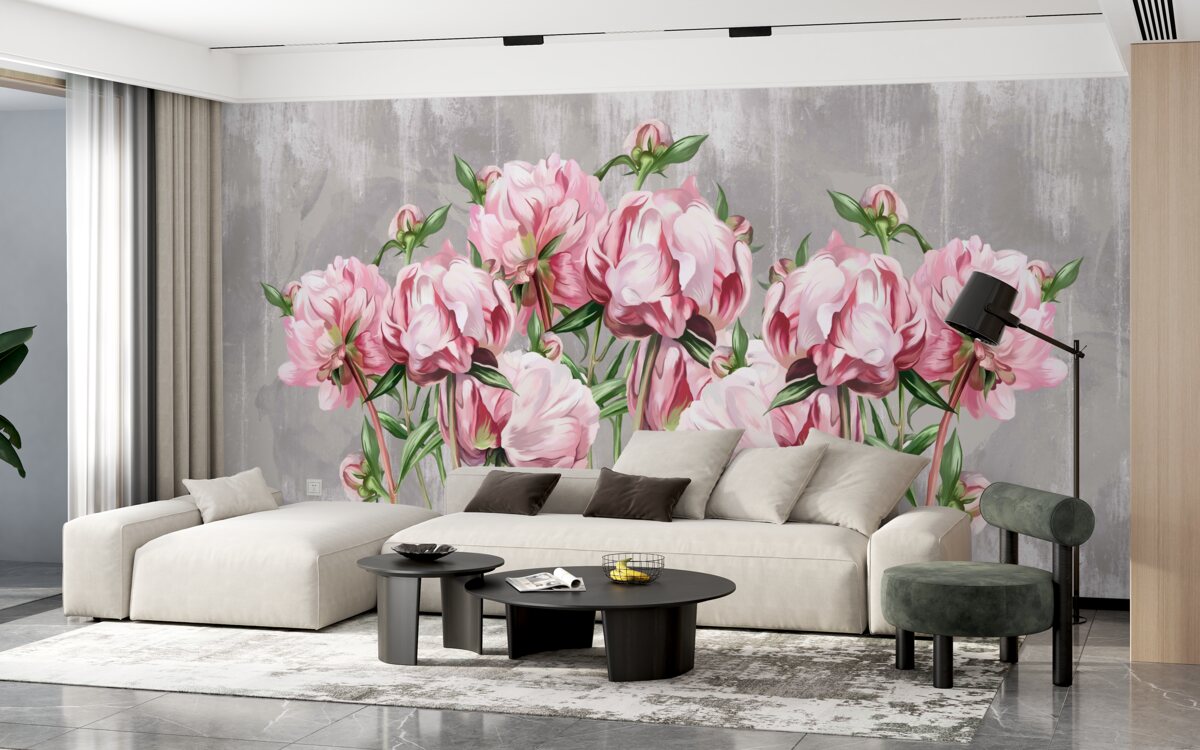 Fototapeta deszczowy czas i różowe piwonie