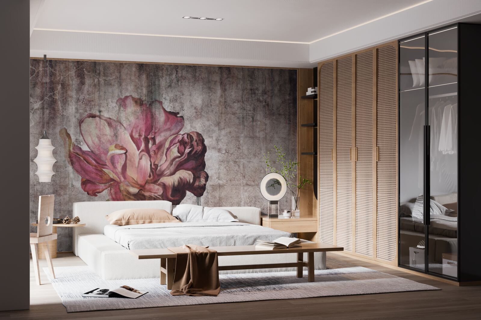 Fototapeta samotny szkarłatny kwiat podczas ulewy