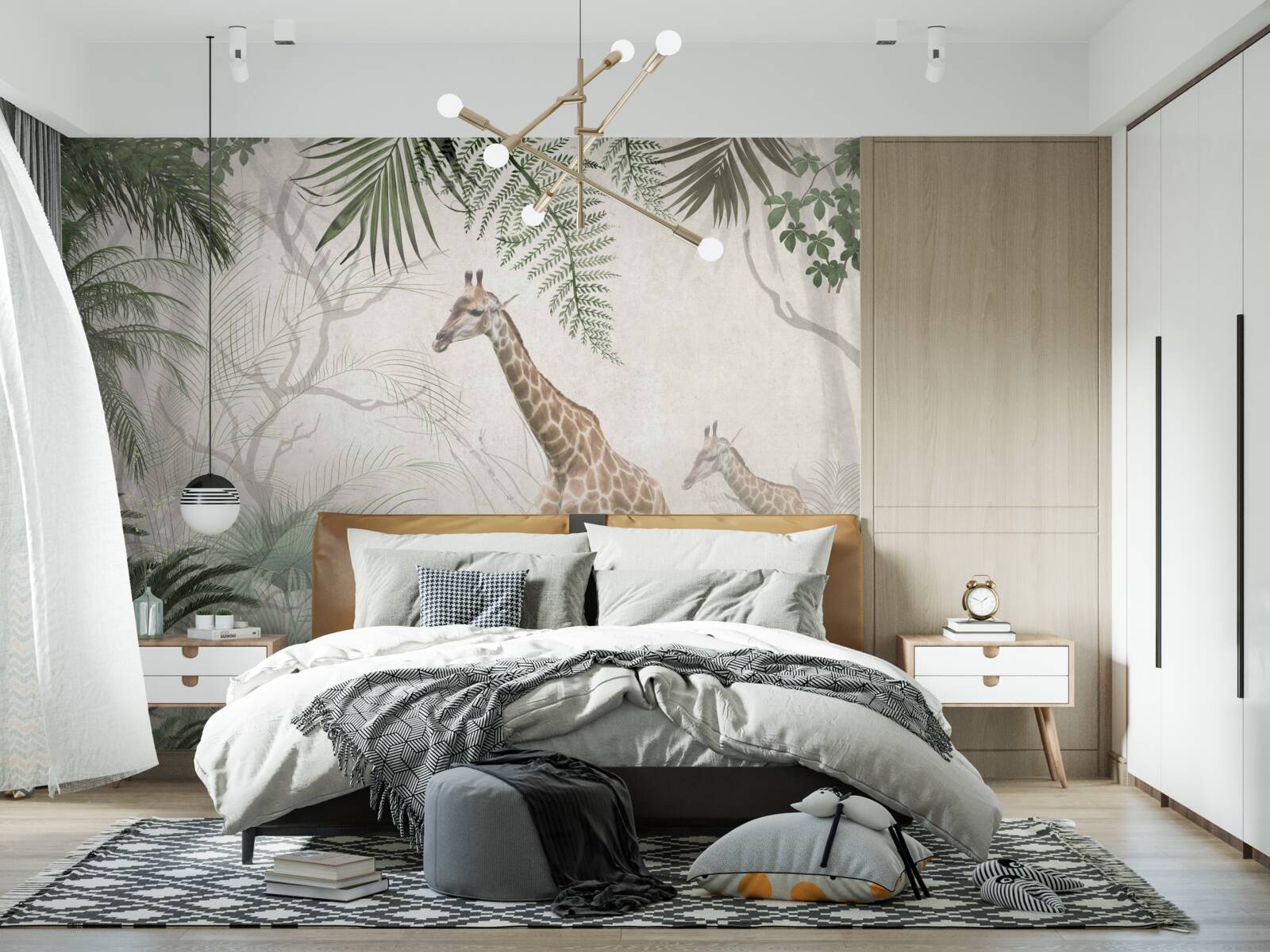 Fototapeta rodzina żyraf spaceruje leśną ścieżką