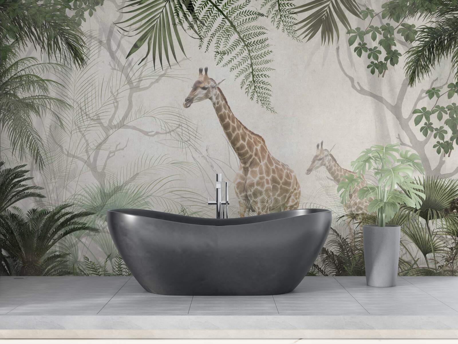 Fototapeta rodzina żyraf spaceruje leśną ścieżką