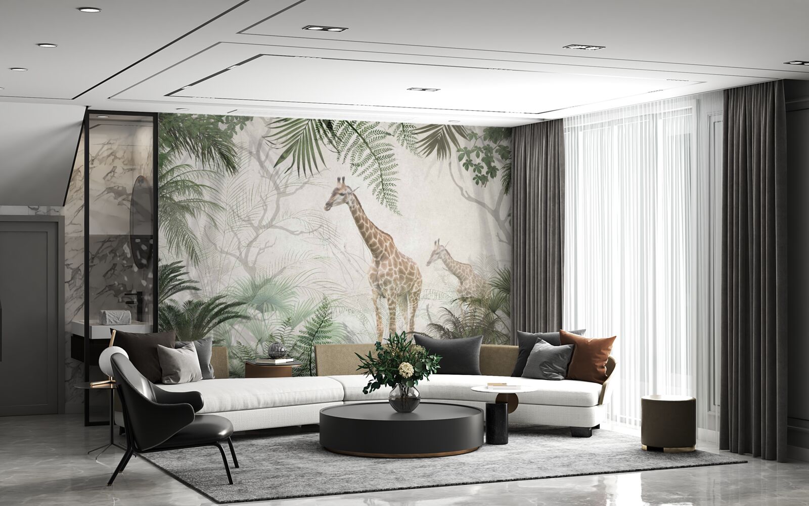 Fototapeta rodzina żyraf spaceruje leśną ścieżką