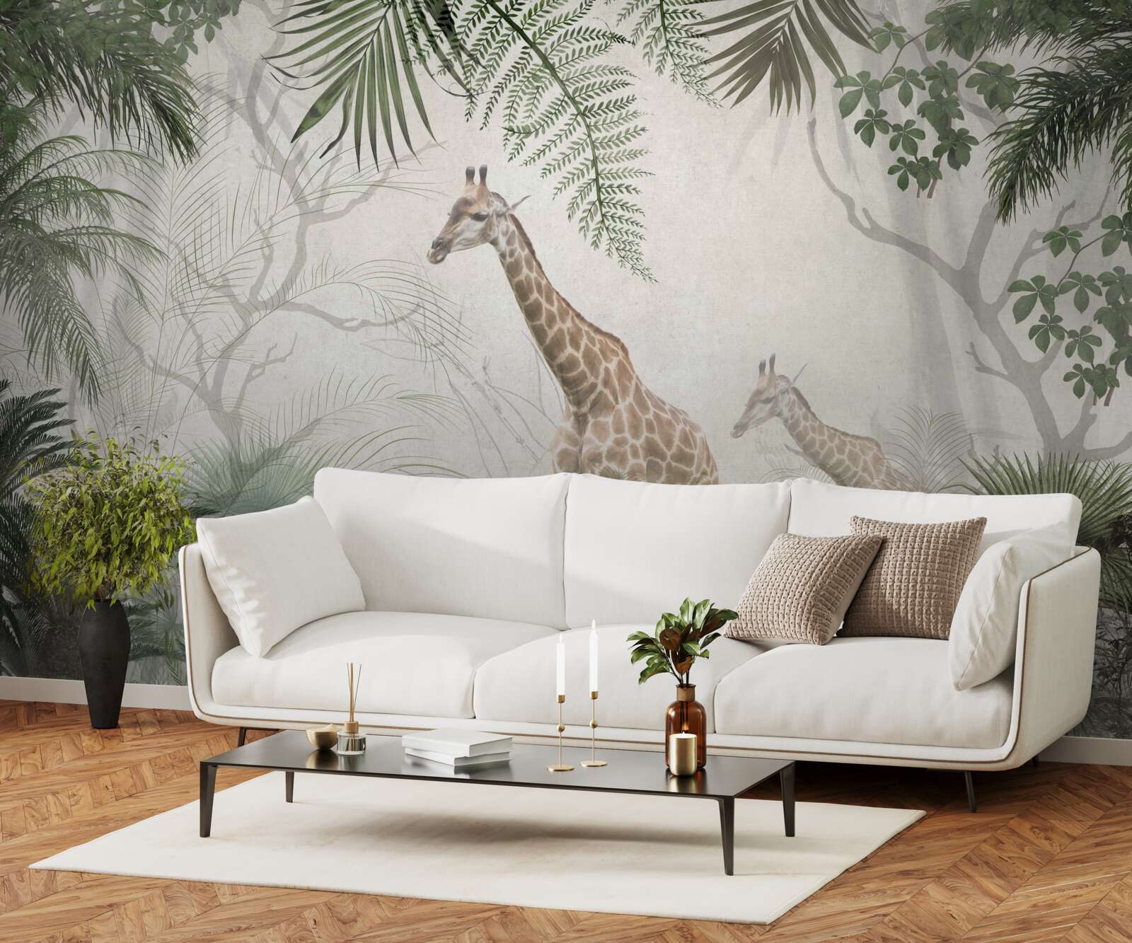 Fototapeta rodzina żyraf spaceruje leśną ścieżką