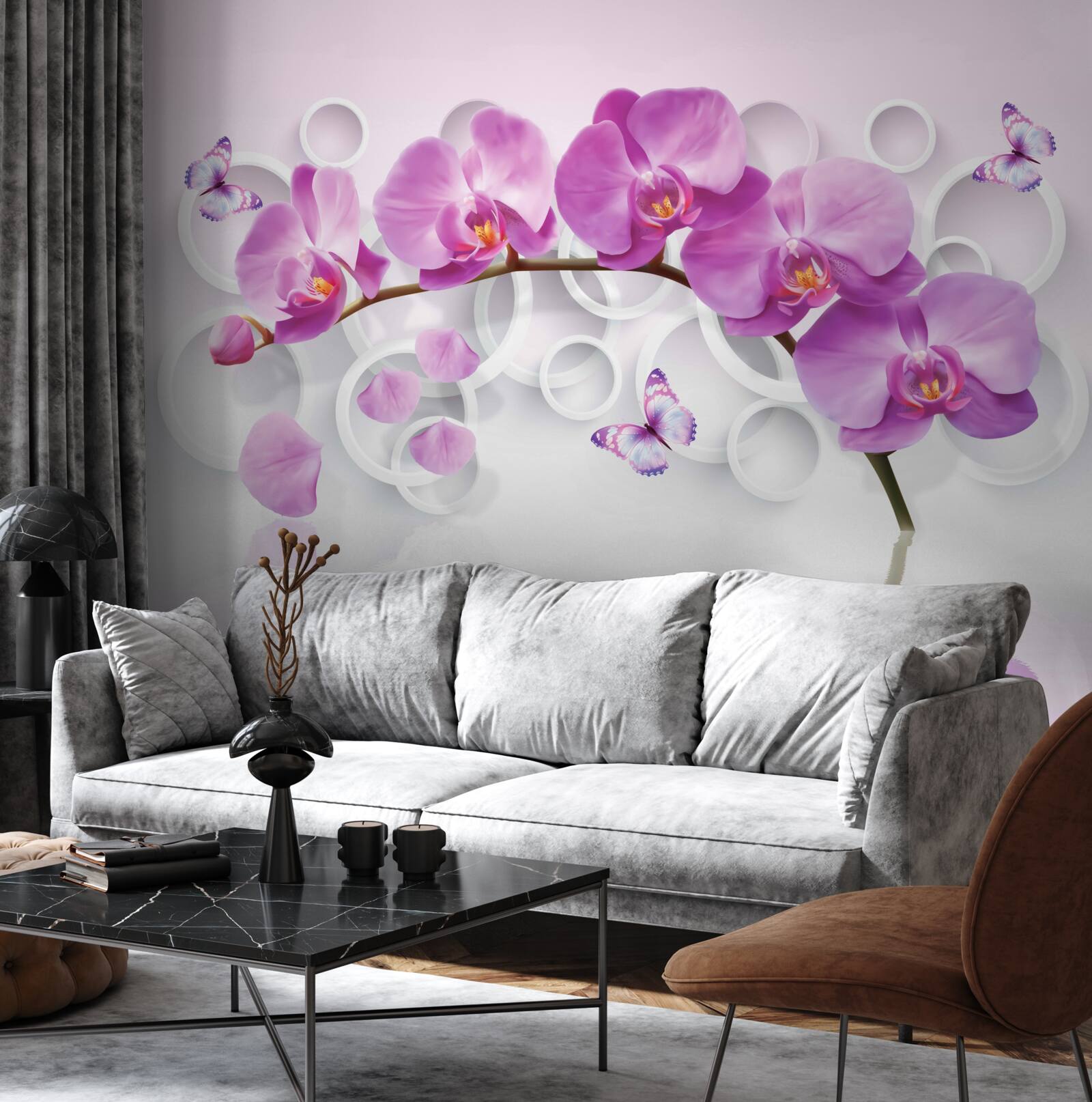 Fototapeta pień dużej orchidei ozdobiony kwiatami