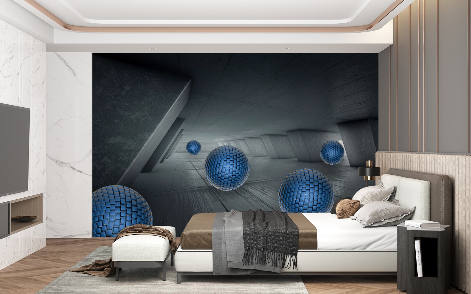 Fototapeta niekończące się szare przejście i niebieskie kule