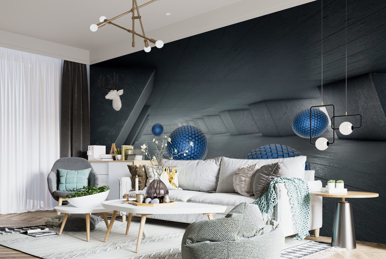 Fototapeta niekończące się szare przejście i niebieskie kule