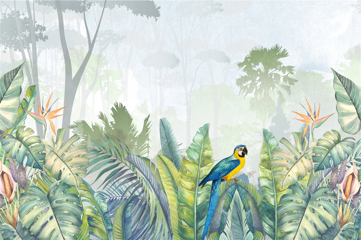 Fototapeta papuga relaksuje się na liściach palmowych