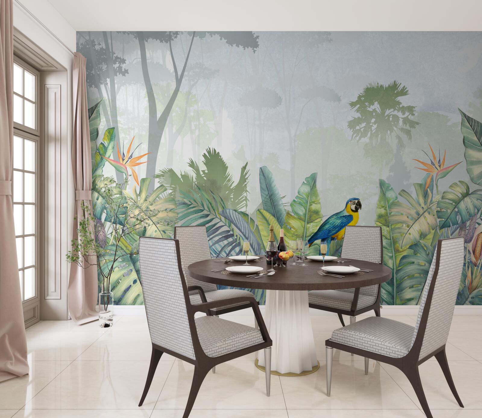 Fototapeta papuga relaksuje się na liściach palmowych