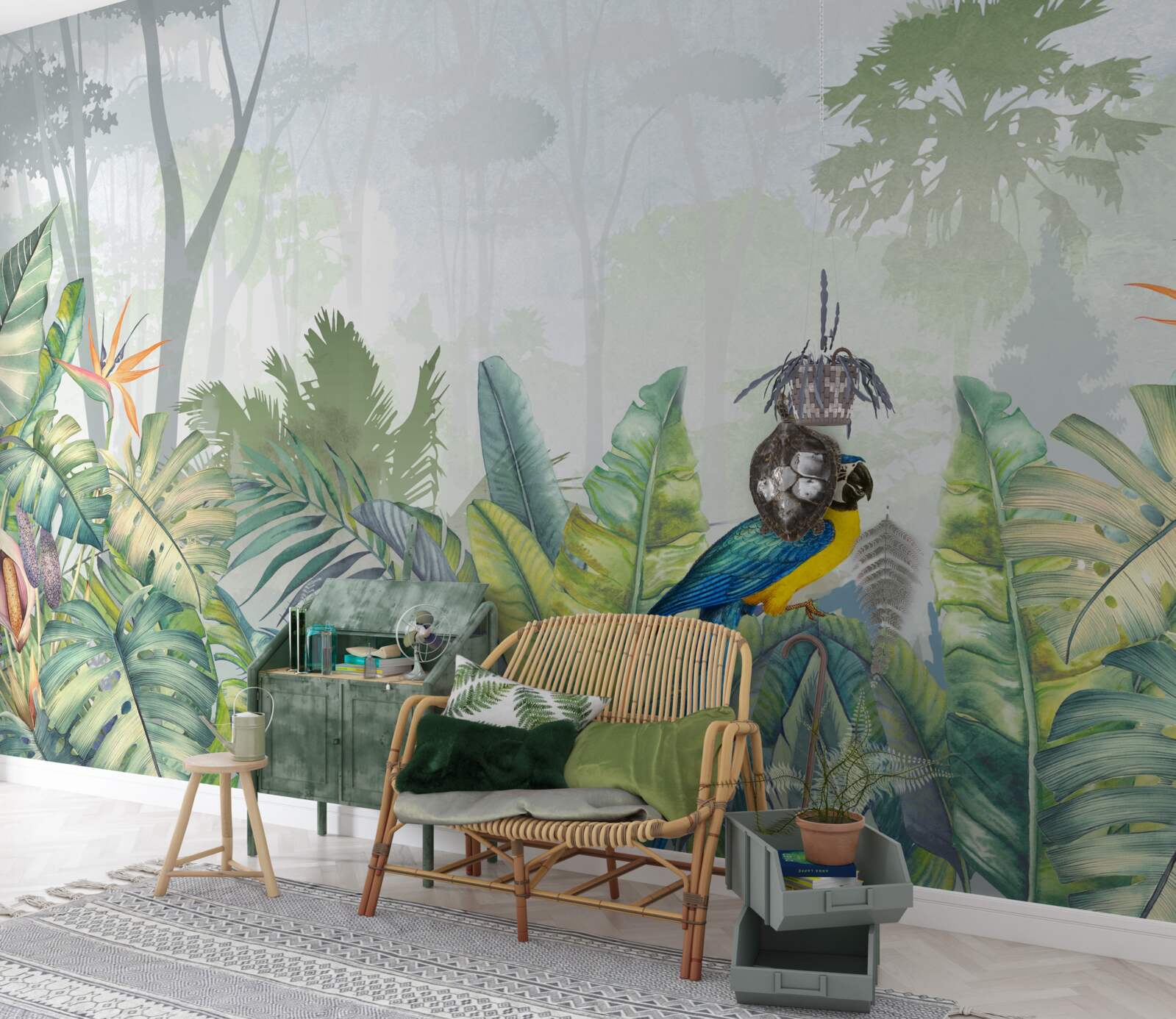 Fototapeta papuga relaksuje się na liściach palmowych