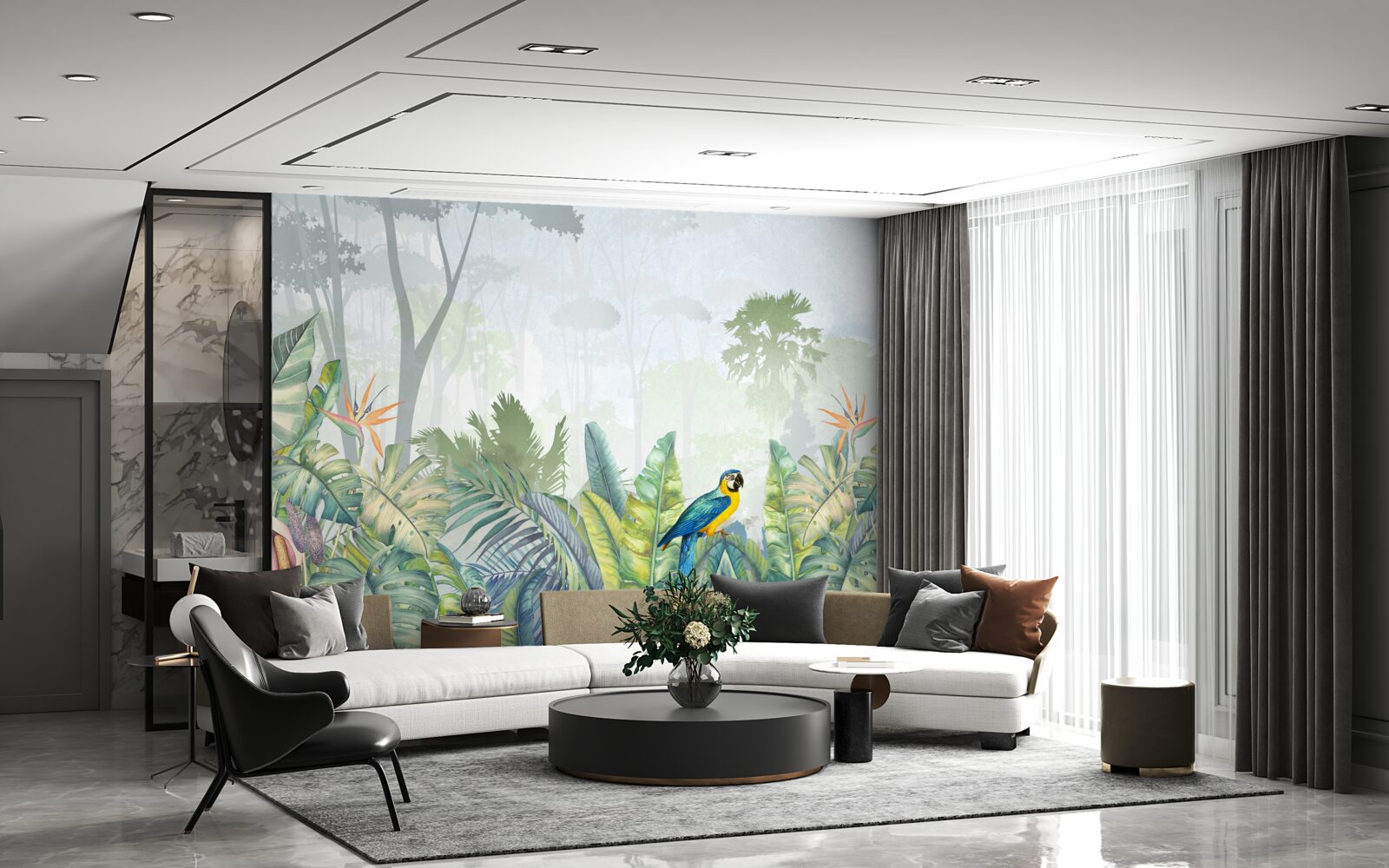 Fototapeta papuga relaksuje się na liściach palmowych