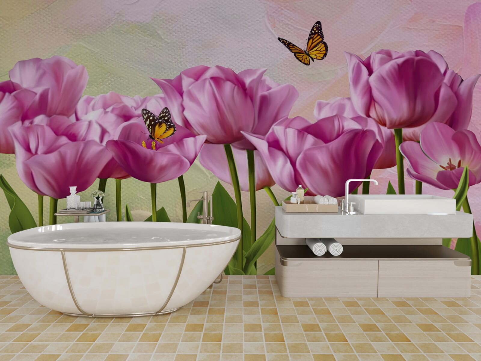 Fototapeta motyle i fioletowe tulipany na polu