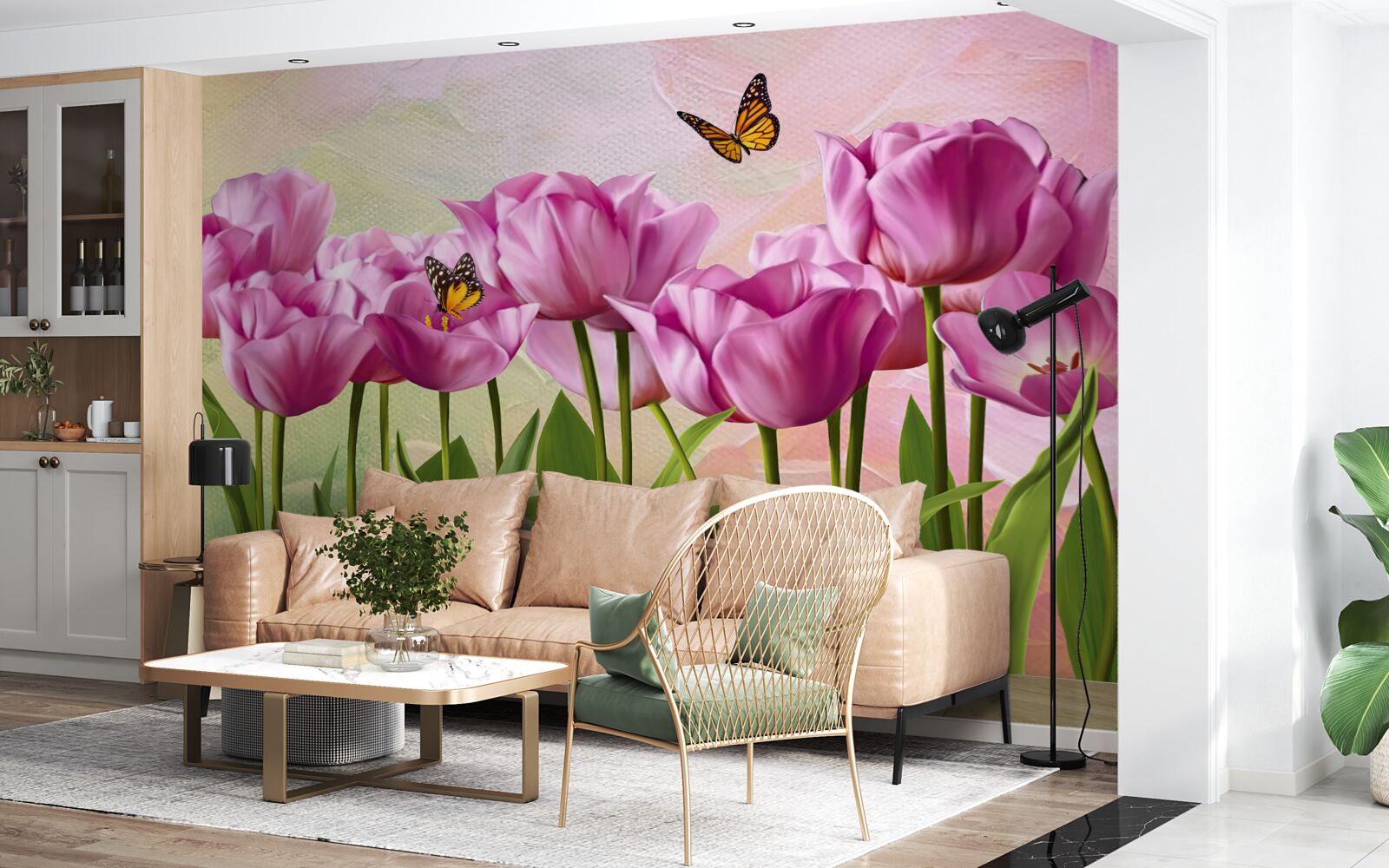 Fototapeta motyle i fioletowe tulipany na polu