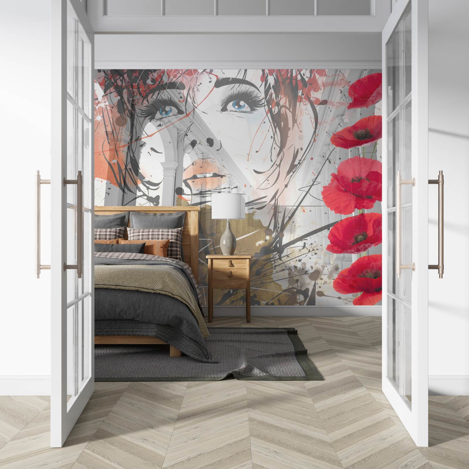 Fototapeta dziewczyna pozuje na tle łuku ozdobionego kwiatami maku