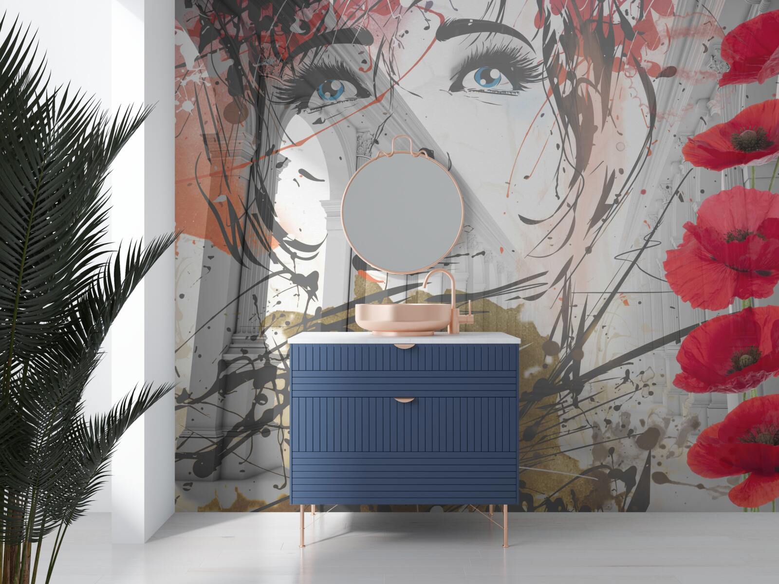 Fototapeta dziewczyna pozuje na tle łuku ozdobionego kwiatami maku