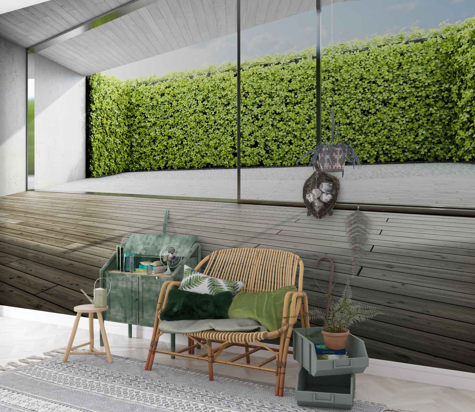 Fototapeta balkon z przezroczystymi ścianami z widokiem na ogród