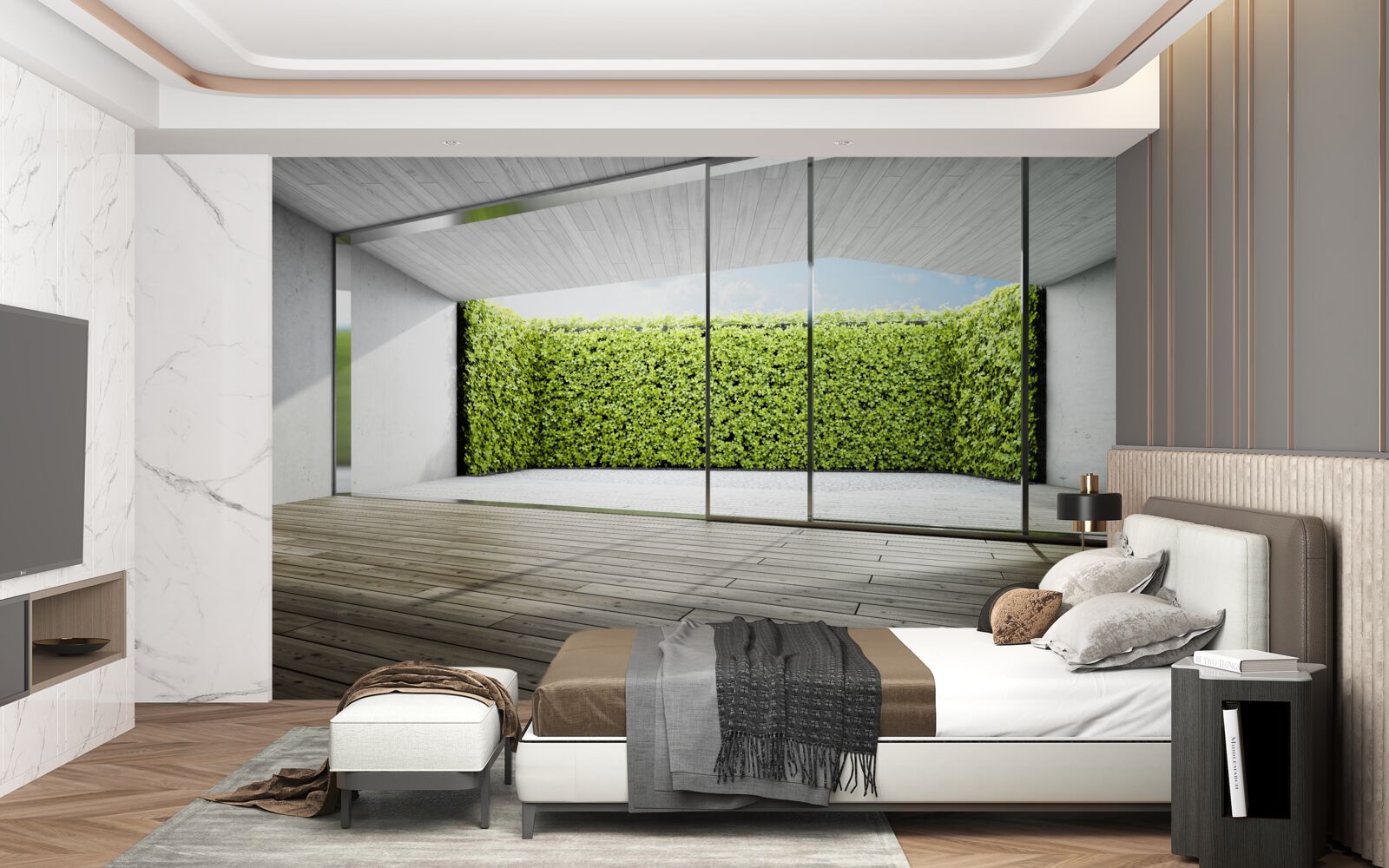 Fototapeta balkon z przezroczystymi ścianami z widokiem na ogród