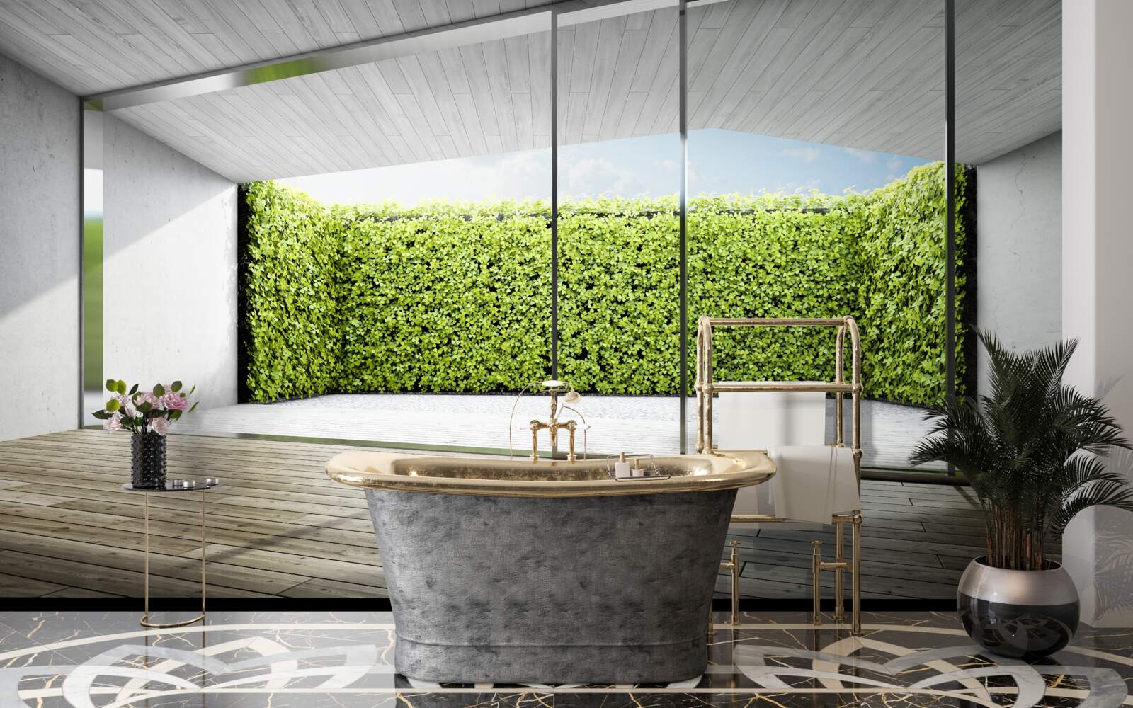 Fototapeta balkon z przezroczystymi ścianami z widokiem na ogród