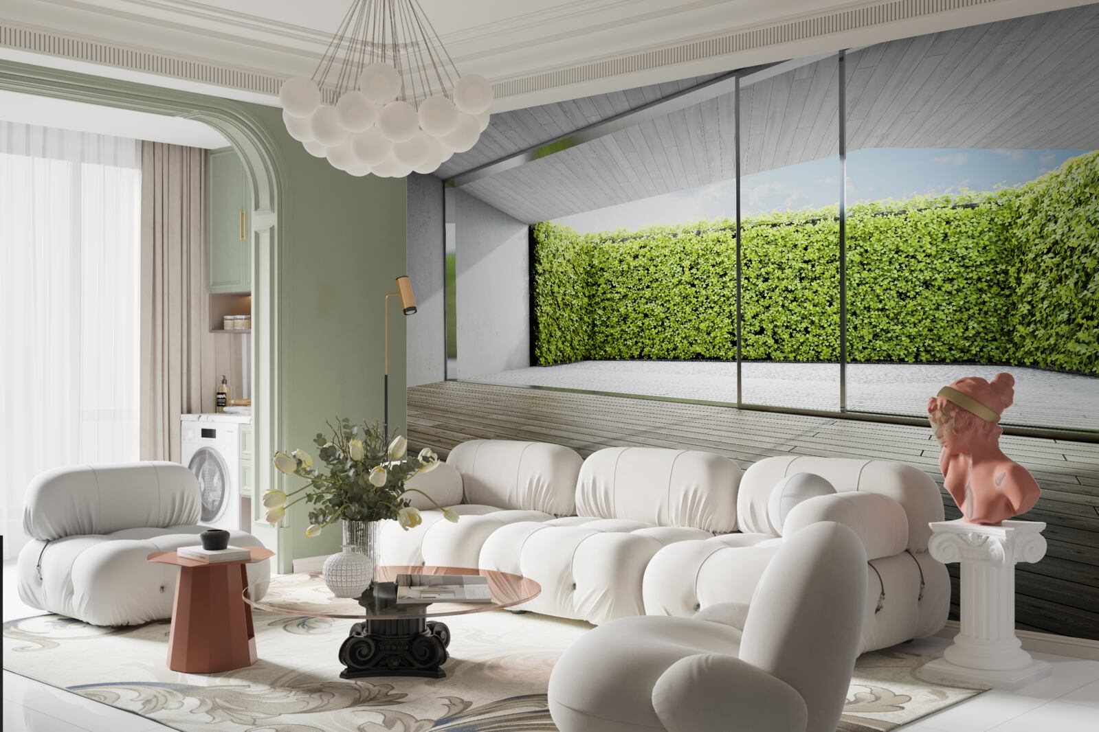 Fototapeta balkon z przezroczystymi ścianami z widokiem na ogród