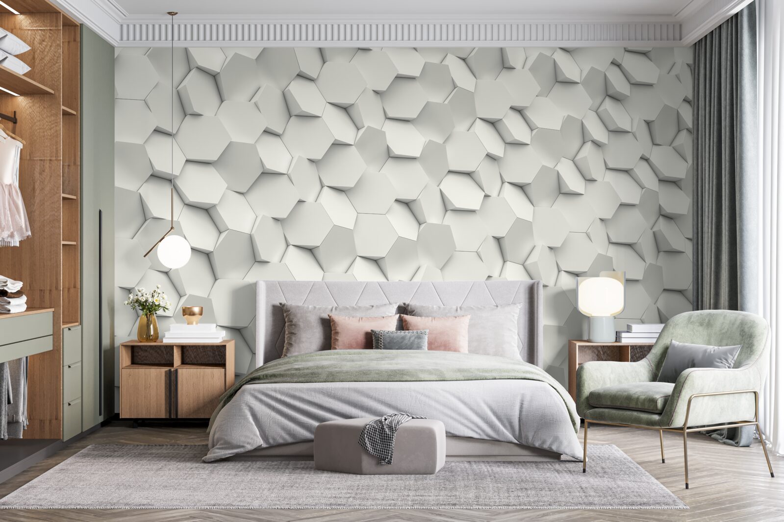 Fototapeta biało-szare sześciokąty z objętością