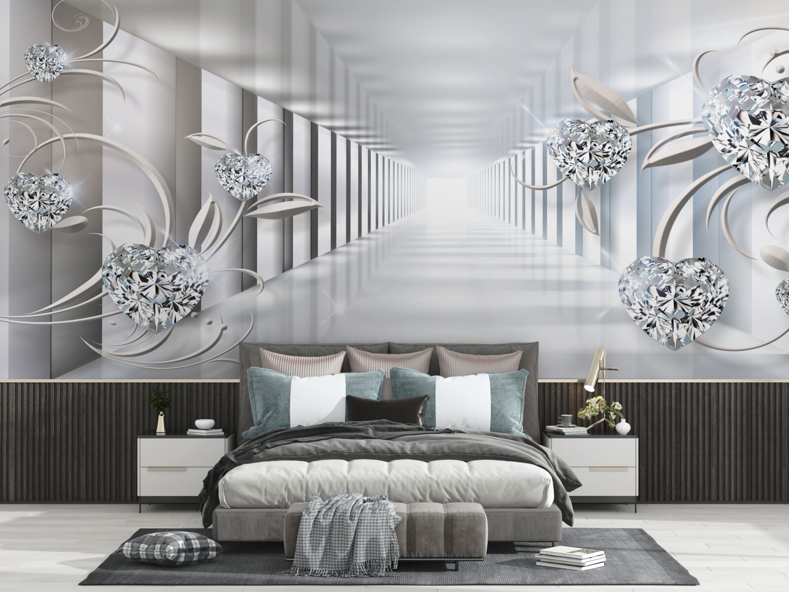 Fototapeta niekończący się korytarz, oświetlony jasnym światłem i ozdobami w postaci kwiatów