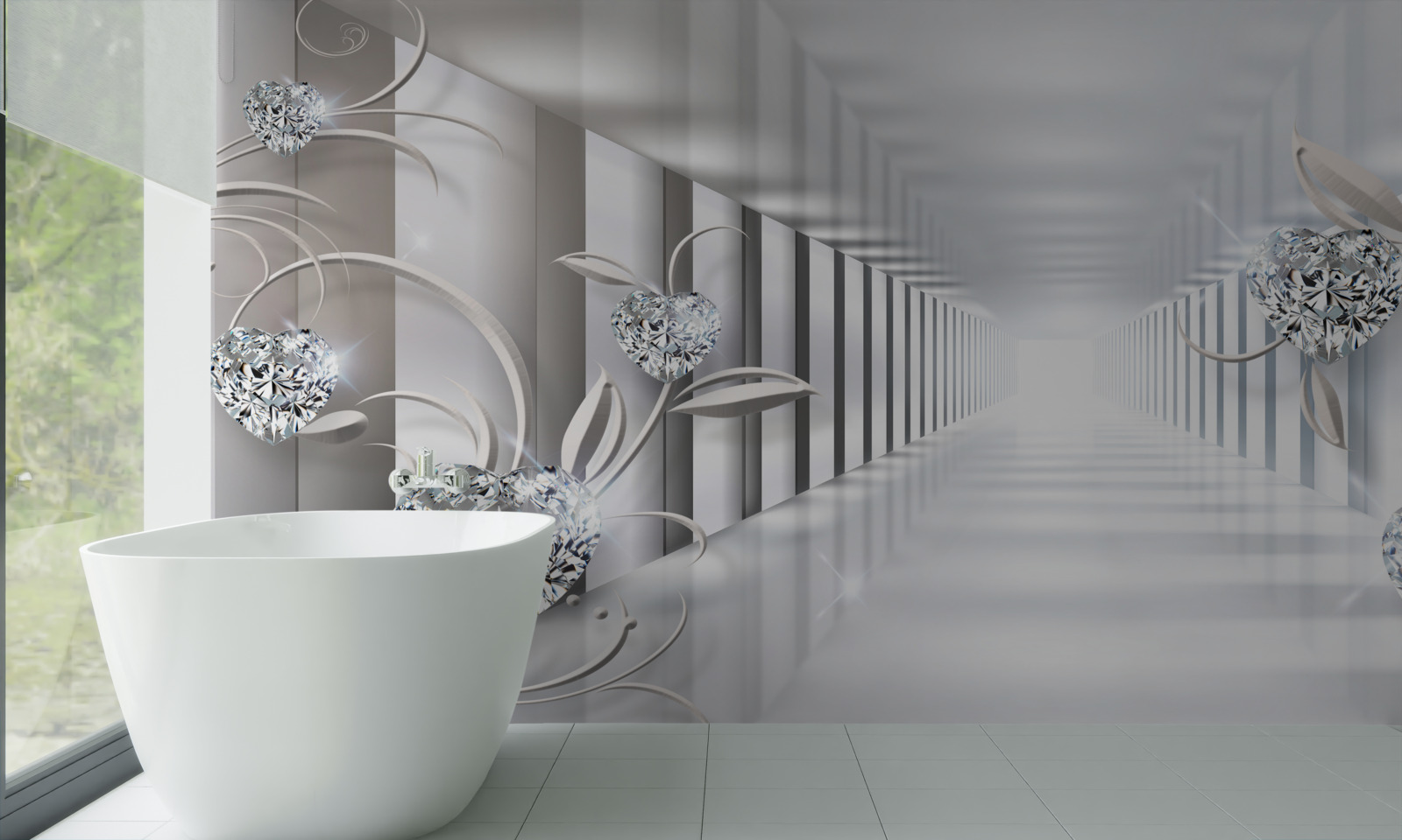 Fototapeta niekończący się korytarz, oświetlony jasnym światłem i ozdobami w postaci kwiatów