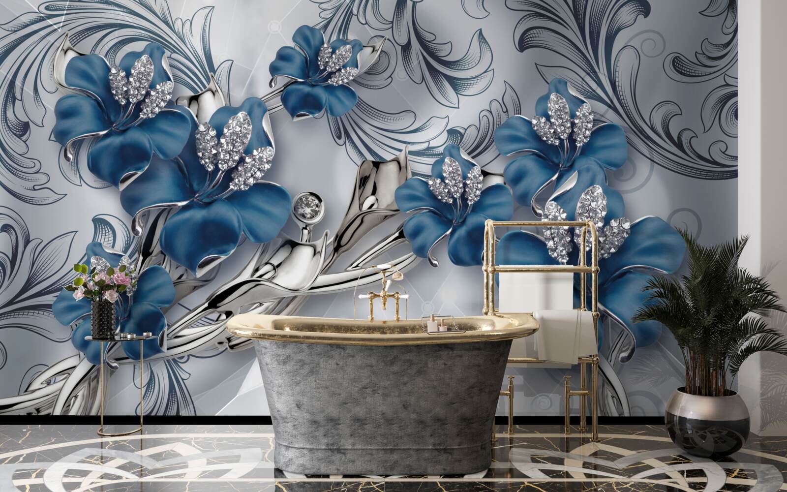 Fototapeta srebrno-niebieskie kwiaty