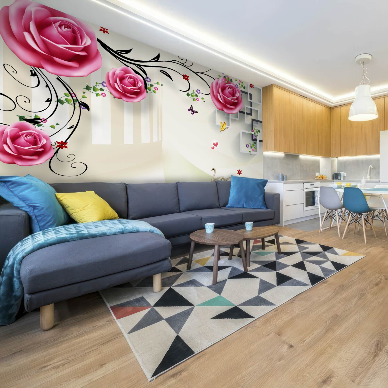 Fototapeta srebrne gałęzie z różowymi różami