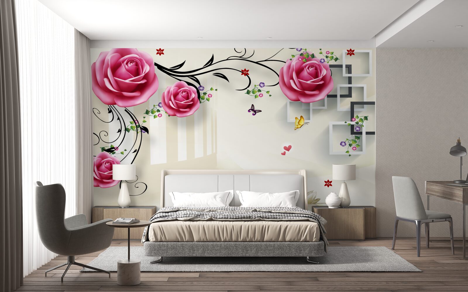 Fototapeta srebrne gałęzie z różowymi różami