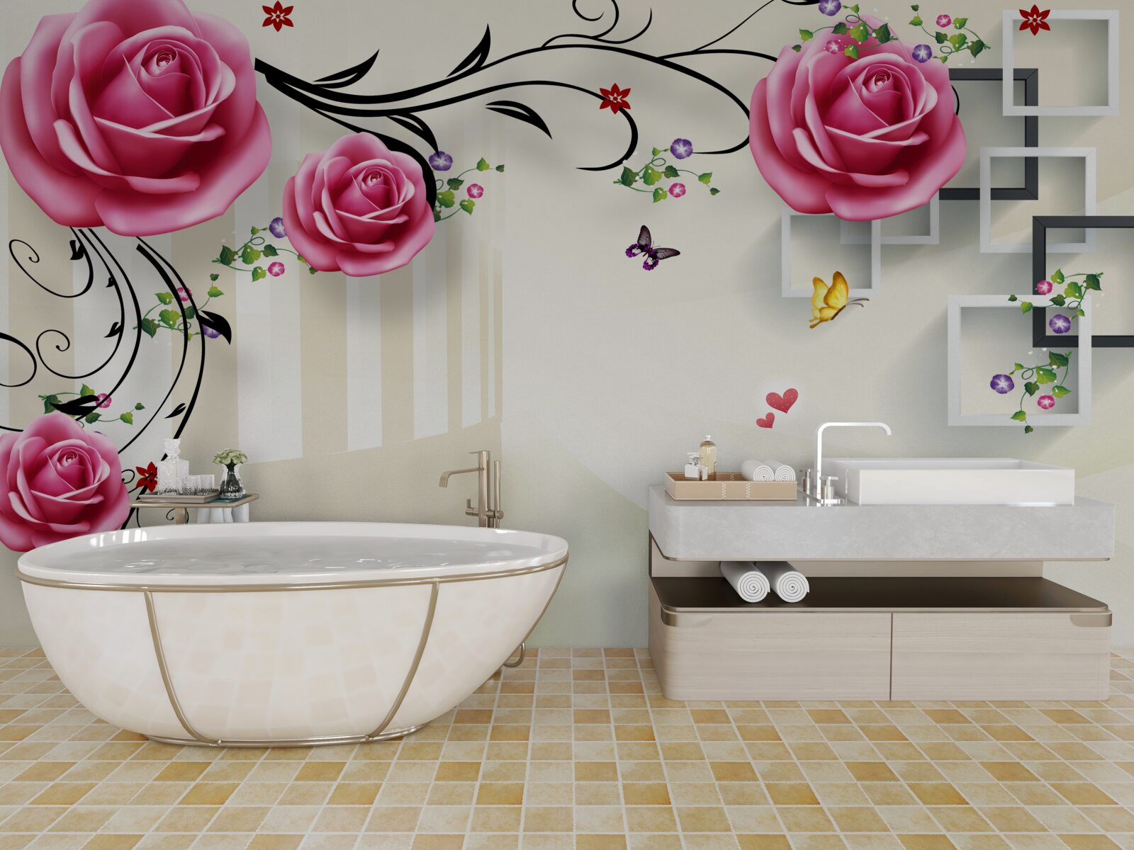 Fototapeta srebrne gałęzie z różowymi różami