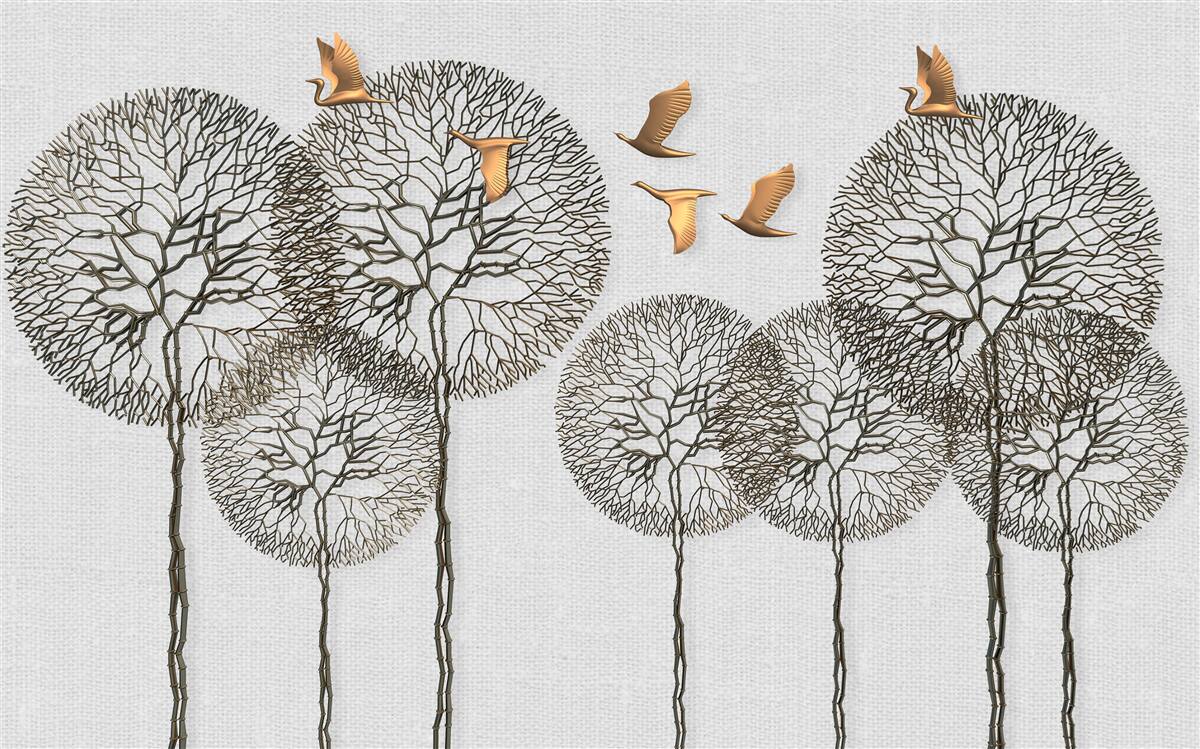 Fototapeta niezwykłe kuliste formacje drzew i złocone ptaki