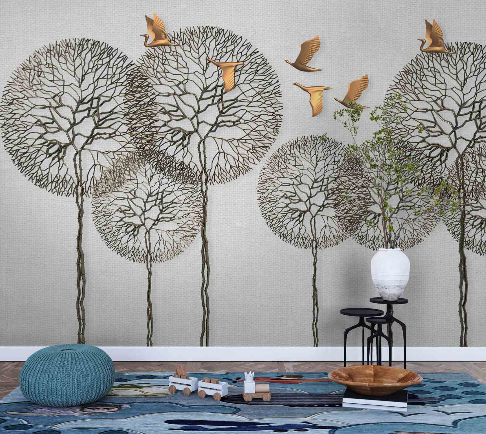 Fototapeta niezwykłe kuliste formacje drzew i złocone ptaki