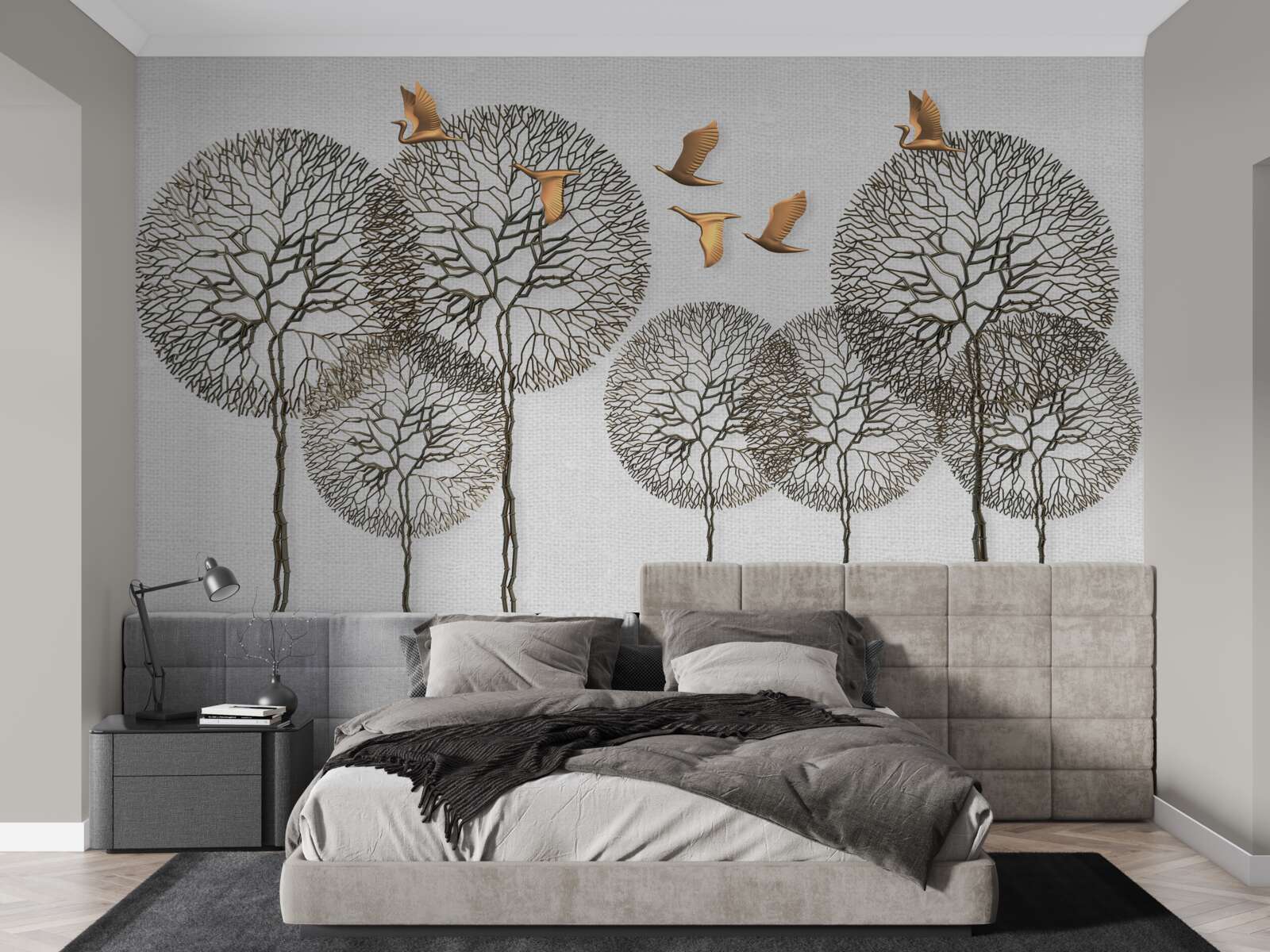 Fototapeta niezwykłe kuliste formacje drzew i złocone ptaki