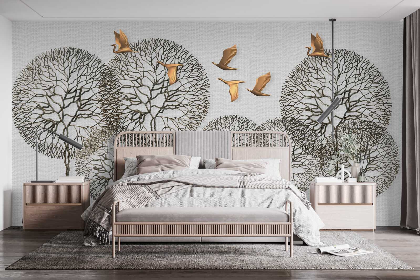 Fototapeta niezwykłe kuliste formacje drzew i złocone ptaki