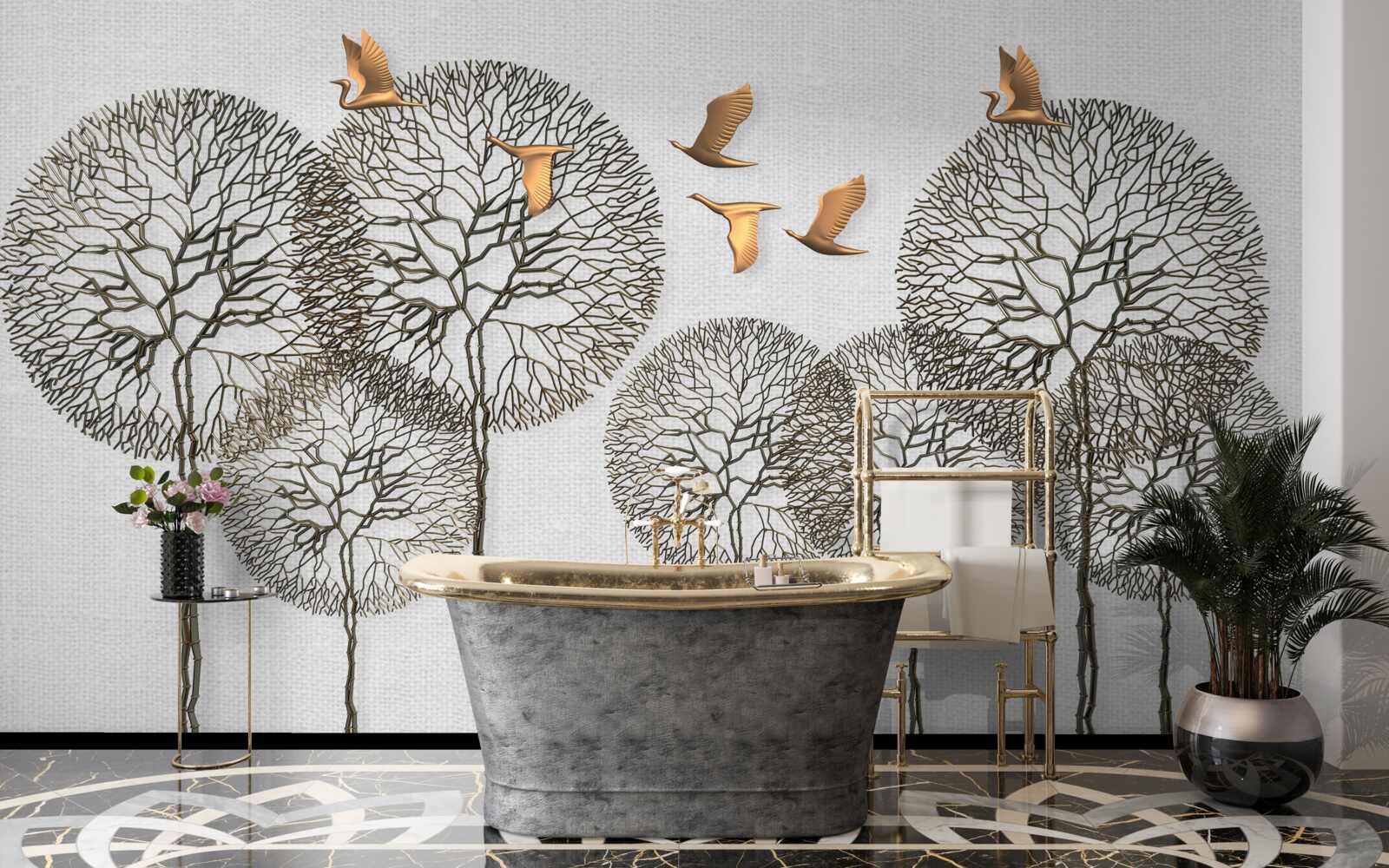 Fototapeta niezwykłe kuliste formacje drzew i złocone ptaki