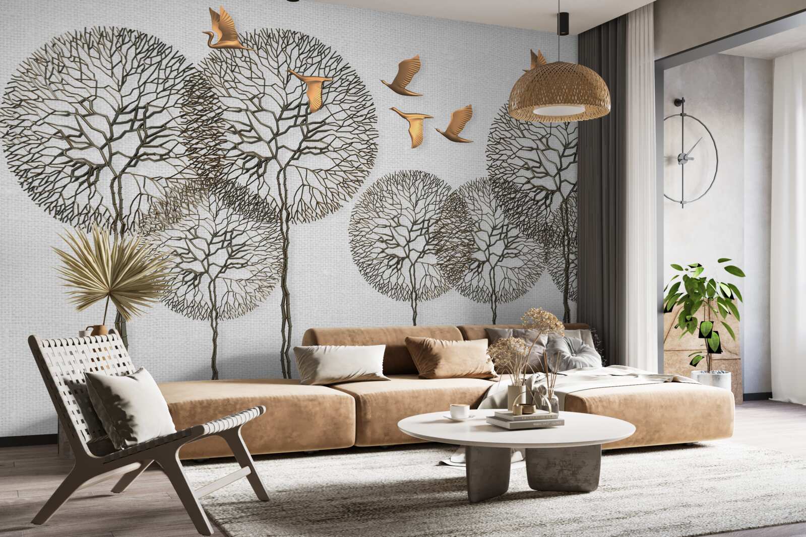 Fototapeta niezwykłe kuliste formacje drzew i złocone ptaki